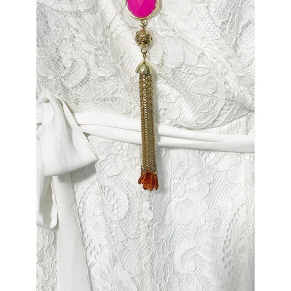 Lilly Pulitzer Boho‎ Lariat Necklace Gold Tone Chain Pink Stone Tassel Pendant - Picture 3 of 11